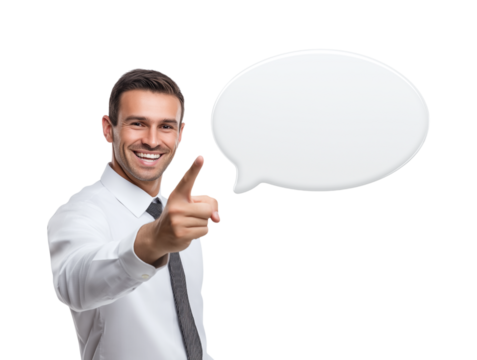 A cheerful businessman in formal attire points directly forward, with a clean white speech bubble floating beside him, ready for custom text isolated on a transparent background - Powered by Adobe
