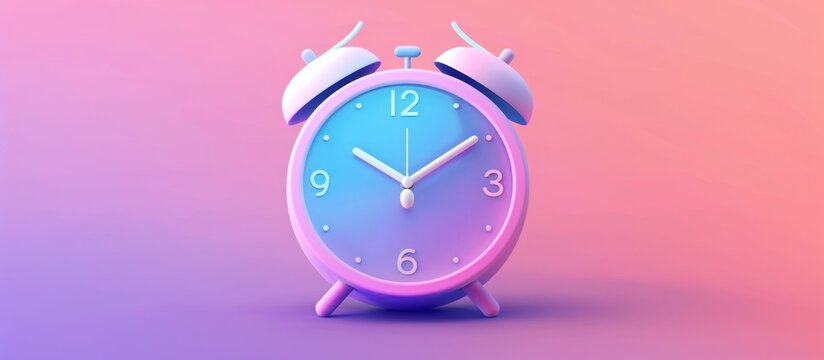Pink alarm clock with blue face on pink and purple gradient background. - Powered by Adobe