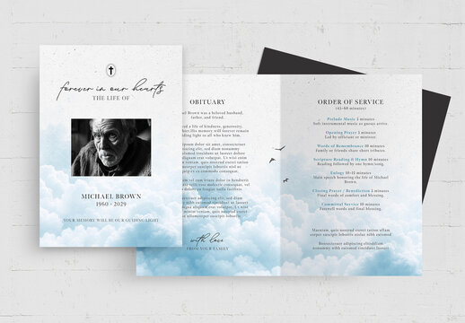 Classic Funeral Program Template with Heavenly Blue Sky Background
