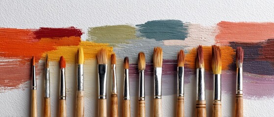 Colorful macro shot of art brushes with vivid tempera paint strokes spread on clean white paper background, ideal for educational materials, creative workshops, and design supply promotions