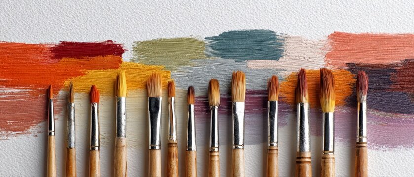 Colorful macro shot of art brushes with vivid tempera paint strokes spread on clean white paper background, ideal for educational materials, creative workshops, and design supply promotions