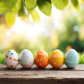 Colorful easter eggs lined up on a wooden surface with blurred greenery background