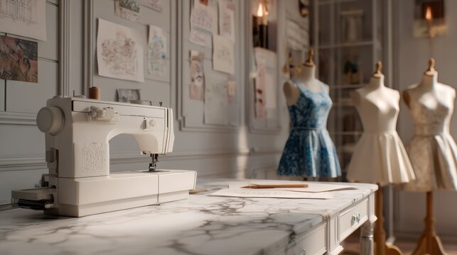 Artistic fashion workspace showcasing a classic sewing machine in action a marble counter with design sketches and mannequins dressed in early garment prototypes within a cozy