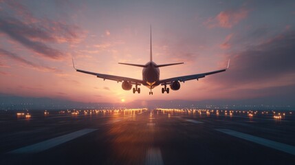 airplane landing sunset cityscape