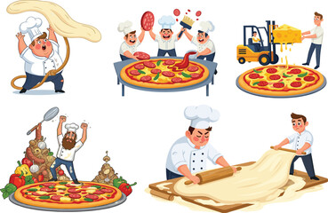 Whimsical cartoon chefs making giant pizzas with oversized ingredients, humorous cooking scenes, playful kitchen teamwork, creative food preparation vector illustration design