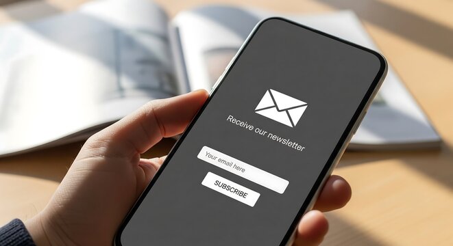 Person signing up for a newsletter on their smartphone, email subscription form displayed.