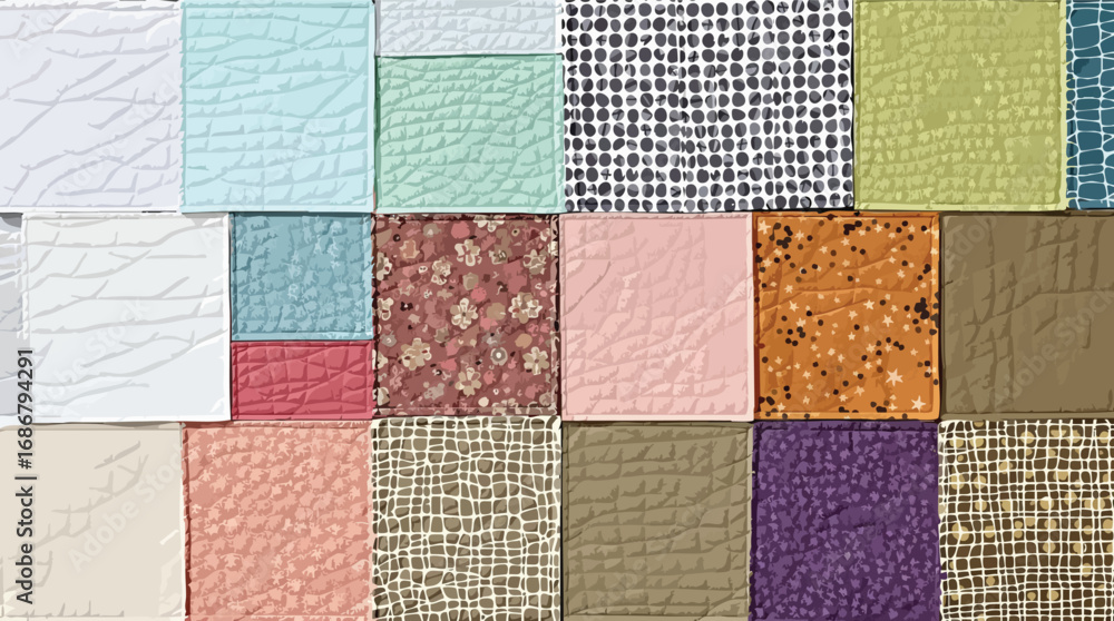 Poster diverse textured fabric squares patchwork background with various patterns textile.