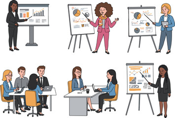 Business presentations and meetings cartoon set, corporate teamwork, charts, graphs, data analysis, strategy, professional communication, workplace productivity, discussion, collaboration