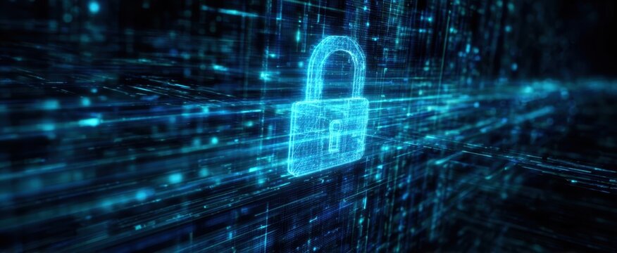 The padlock floating in digital cyberspace representing cybersecurity and data protection
