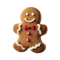 Festive gingerbread man with red bow tie and white icing cookie holiday, Isolated On Png Transparent Background