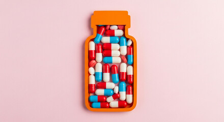 Clean Medical Flat Lay of Red White and Blue Capsules in Bottle Silhouette  
