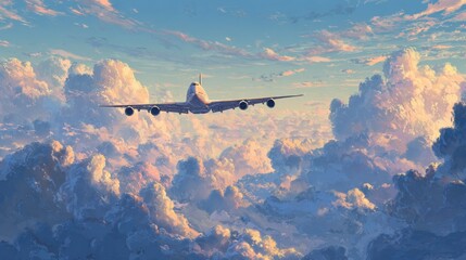 airplane above fluffy sunset clouds