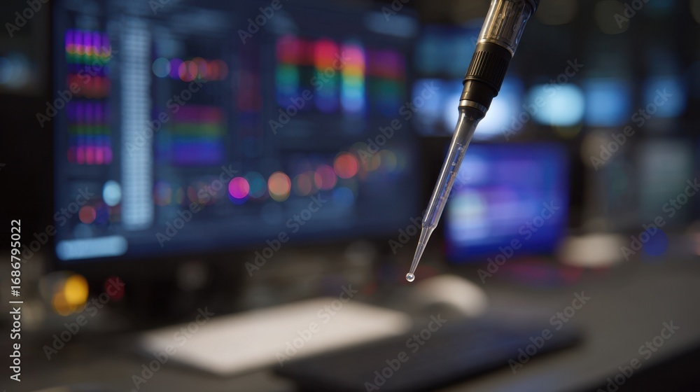 Poster Focused shot of a pipette in use near a sequencing sample lab bench and computer screens are softly blurred emphasizing quality control.