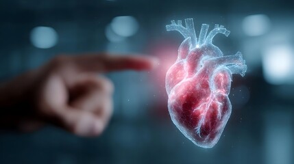 Futuristic holographic display of a human heart with a hand interacting symbolizing medical technology and innovation