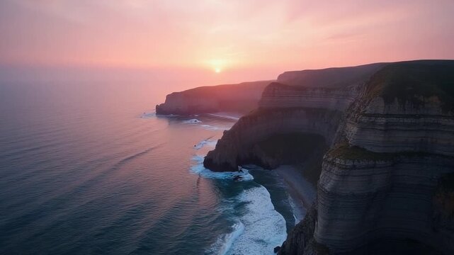 The sea coast with rocky cliffs at sunset, a bird's-eye view. Water and sky in the pink light of the setting sun