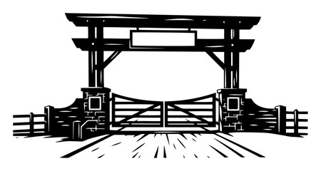 Ranch entrance vector – wooden gate with archway over dusty trail, welcoming frontier ranch illustration