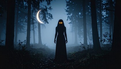 Supernatural female entity with glowing eyes standing in a mysterious misty forest under a crescent moon, a dark fantasy concept