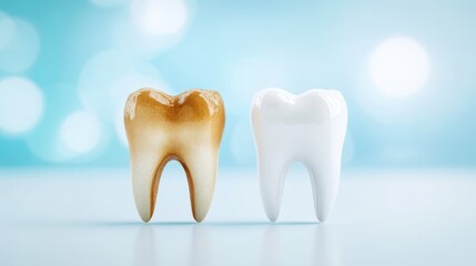 a decayed tooth on the left and a fully restored, white tooth on the right, highlighting before-and-after dental treatment, blurred blue medical background