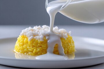 Golden Rice and Cream: A culinary masterpiece showcasing vibrant yellow rice gracefully adorned with a cascade of creamy white sauce.
