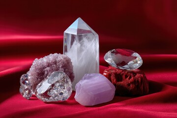 Precious Crystals: A captivating still life showcases an assortment of radiant gemstones, each facet reflecting light against a backdrop of rich, luxurious fabric.