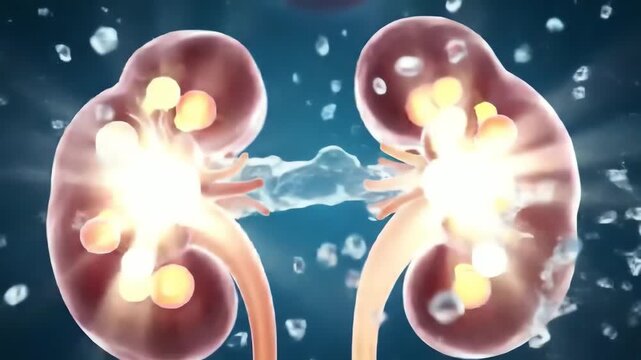 clear water flows down the esophagus, then a glowing stream enters the kidneys, filtering through nephrons like liquid light