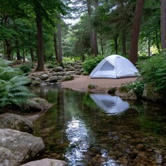 Camping Sanctuary: A serene campsite nestled near a clear stream within a dense forest, featuring a tent and the tranquility of nature.
