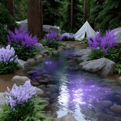 Enchanted Forest Stream: A tranquil stream meanders through an enchanting forest, its waters shimmering with a mystical glow, the scene is enhanced by a small, inviting tent.