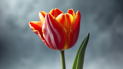 Close up of a vibrant red and yellow fringed tulip with green leaves against a soft grey background