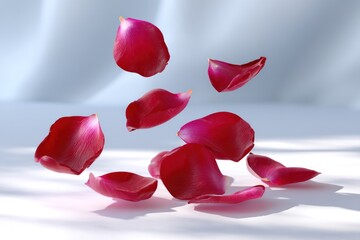 Crimson Petal Dance: Vivid red rose petals cascade, suspended in mid-air, creating a breathtaking visual display of freshness and delicate beauty.