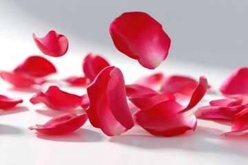 Romantic Rose Petals: A gentle cascade of velvety red rose petals dance gracefully in a moment of serene beauty and delicate elegance. evoking feelings of romance, and soft touch,