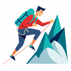 Stylized illustration of a man with a backpack climbing a mountain using a rope with colorful peaks on a white background