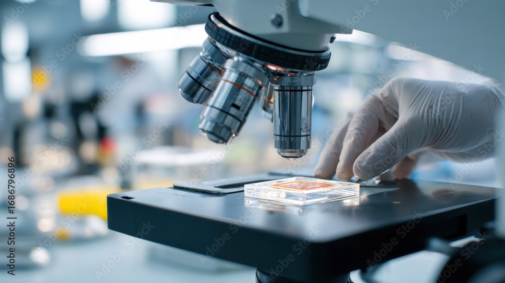 Poster lab worker placing a radiation exposure badge on a scanning platform focus on the badges id tag whil