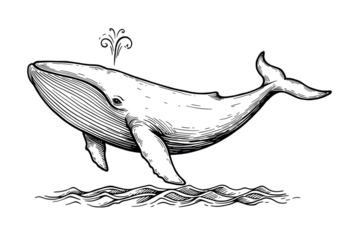 Isolated White Whale Illustration In Black Background With Water and Waves