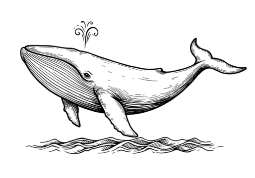 Isolated White Whale Illustration In Black Background With Water and Waves