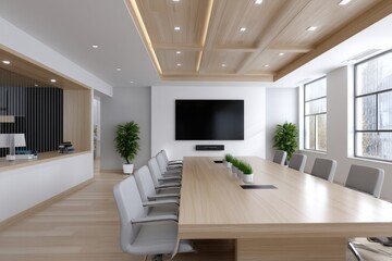 Fototapeta premium Modern Conference Room: A sleek, contemporary conference room bathed in natural light, featuring a large screen, elegant wooden table, and minimalist design.