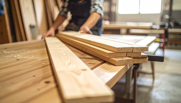 A diligent craftsman meticulously arranges natural wood planks on a sturdy workbench, preparing the raw timber for a custom carpentry project in a bright workshop, highlighting skill and material