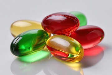 Vitamins and Supplements: Vibrant, colorful capsules of supplements, arranged in a photorealistic display, highlighting health, wellness, and the benefits of essential nutrients.