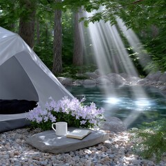 Camping Oasis: A serene campsite scene, featuring a tent set beside a tranquil lake, with sunlight streaming through the forest canopy, offering a perfect escape for a solo adventure.