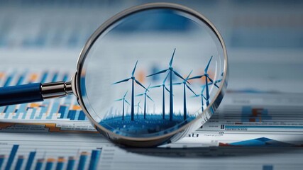 Risk management analysis of wind energy investment with magnifying glass over financial chart highlighting renewable energy investment analysis - Powered by Adobe