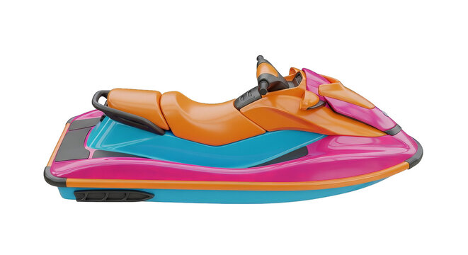 A vibrant orange, blue and pink personal watercraft poised for aquatic adventures and summer fun.