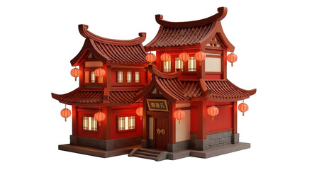 Fototapeta premium A stylized, red and brown pagoda, adorned with glowing red lanterns, evokes an oriental ambiance.