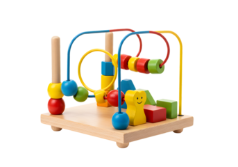 Isolated Wooden Bead Maze Toy with Colorful Shapes on Transparent Background