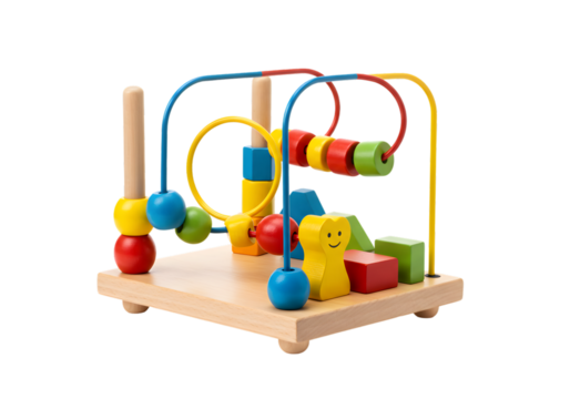 Isolated Wooden Bead Maze Toy with Colorful Shapes on Transparent Background