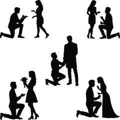 Romantic marriage proposal silhouettes, couples on one knee, giving flowers, engagement moments, love gestures, heartfelt commitment, wedding proposal ideas, romantic love stories