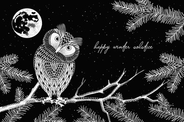 Hand Drawn Winter Solstice Illustration with Moon and Owl