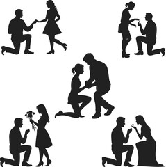 Romantic marriage proposal silhouettes, couples on one knee, giving flowers, engagement rings, love moments, heartfelt commitment, romantic gestures, proposal ideas, relationship symbol