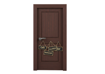 Isolated Wooden Door In Brown Color With Signboards And Black Background Photo
