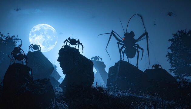 Menacing giant insects loom over ancient stones in a dark, mysterious landscape, silhouetted against a luminous full moon, evoking a chilling, otherworldly atmosphere