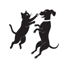  Silhouette of both a cat and a dog, engaging in a playful leap towards each other.