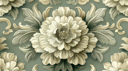 3D floral damask pattern on green background, wallpaper texture